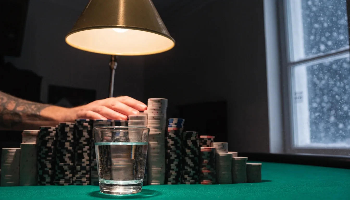 Pokerový stůl pod jedním světlem v temném sále Brzozowa Park