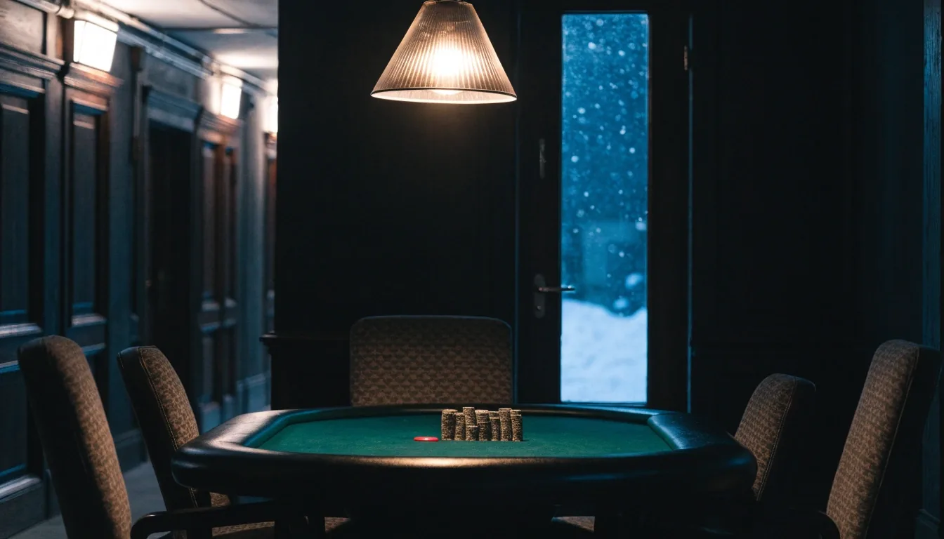 Pokerový stůl pod jedním světlem v tmavém sále Brzozowa Parku
