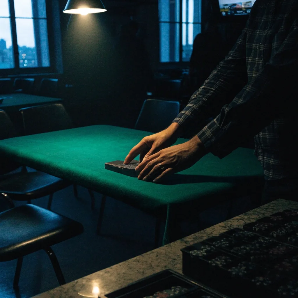 Pokerový stůl s urovnanými židlemi a žetony na bočním pultu