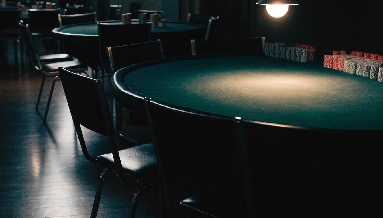 Pokerový stůl v herně Brzozowa Park pod jedním světlem, hrané z odstupu