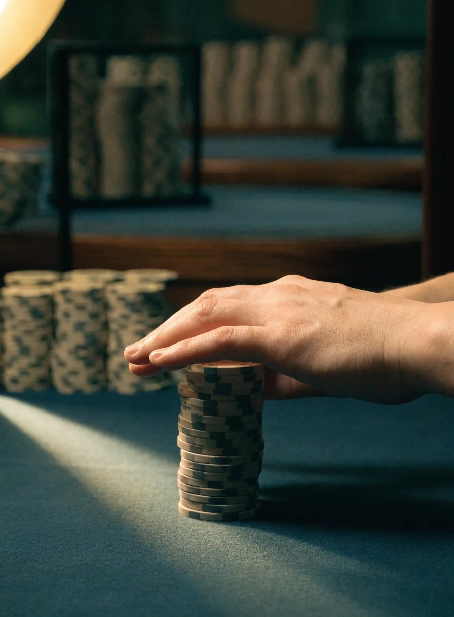 Ruce dealera srovnávající hranici pokerových žetonů na tmavém sukně stolu