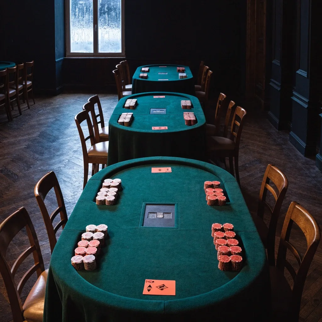 Pokerový stůl pod jedním světlem v tmavém sále Brzozowa Parku, okno s prvním sněhem na okraji záběru