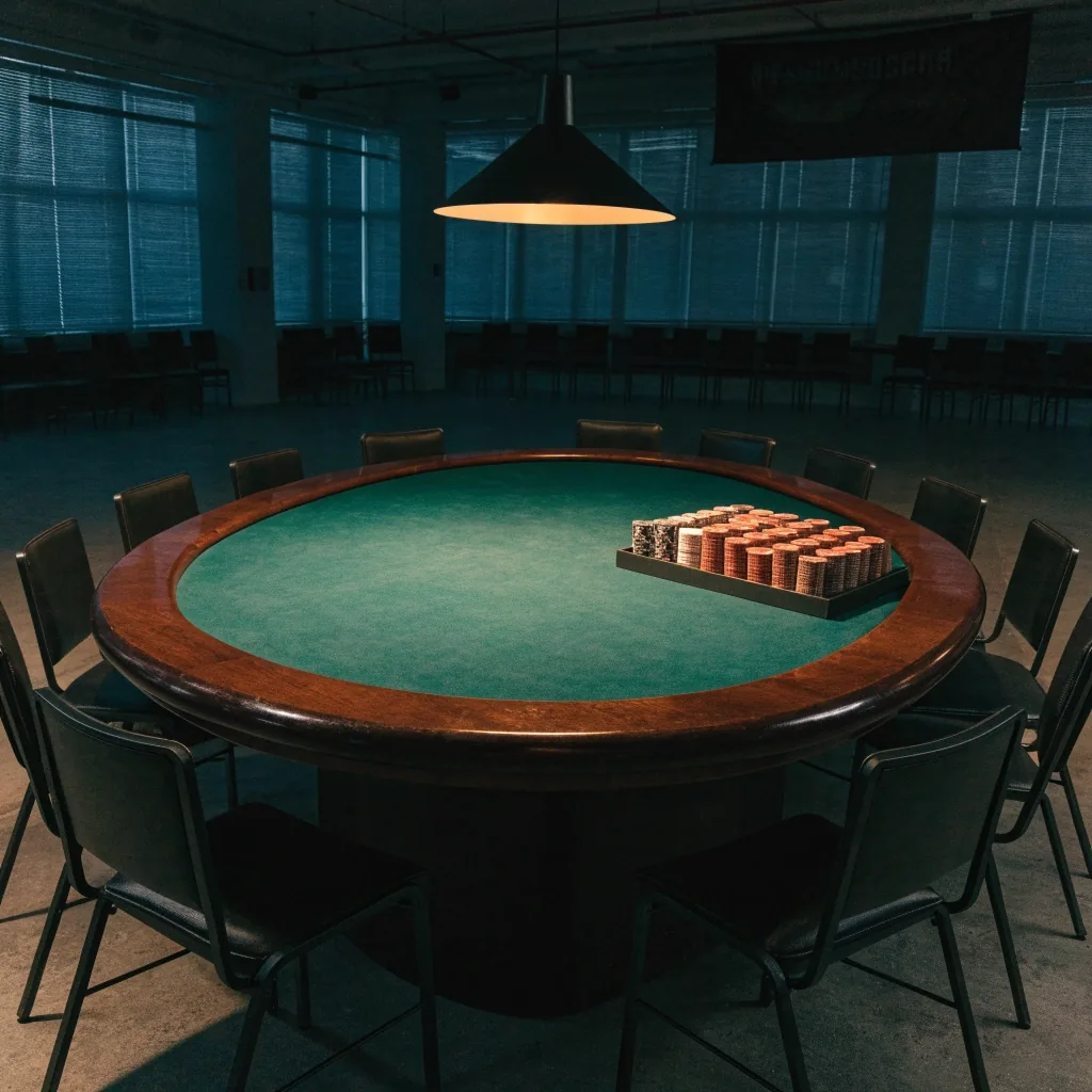 Oválný stůl pod jednou lampou v prázdném sále pokerové herny před otevřením, žetony v racku u okraje stolu